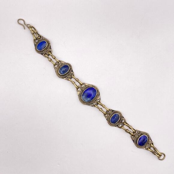 Vintage Afghan Artisan Lapis Lazuli Bracelet Alpaca Silver Chain Link - 7 1/2" - Picture 5 of 8